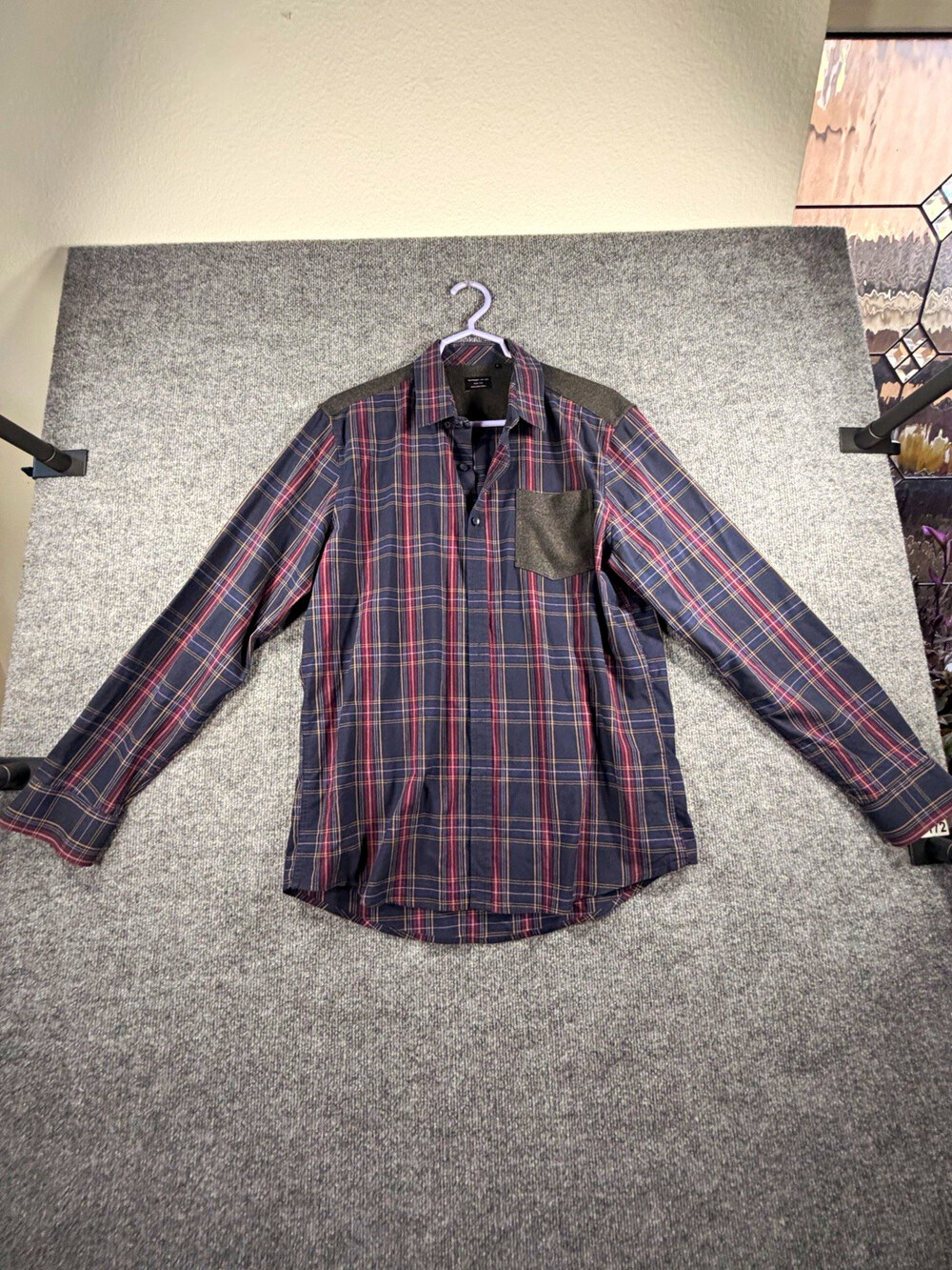 7 Diamonds Mens L Plaid Long Sleeve Button-Up Shirt Pockets Blue Red Gray